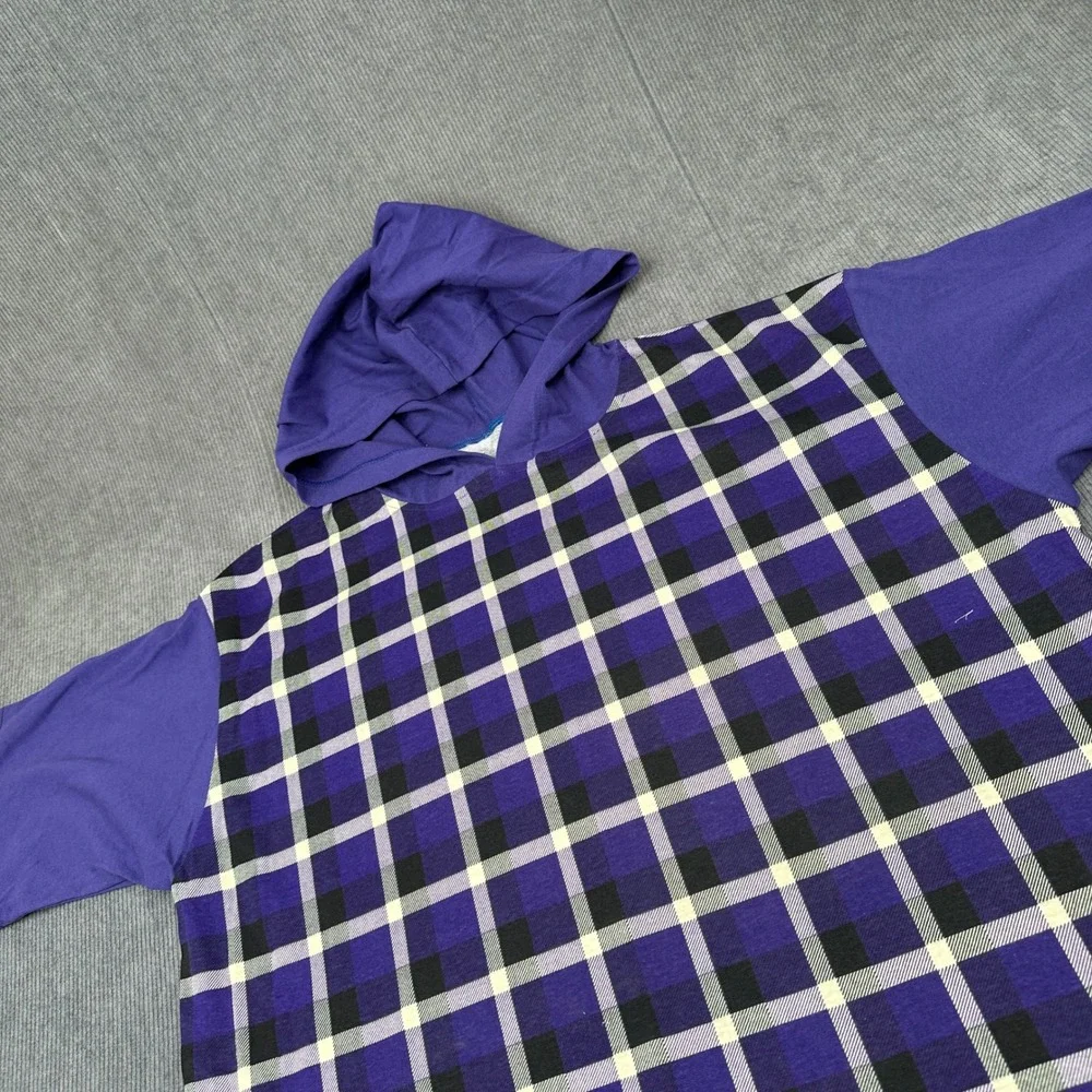 Vintage Hooded 90s Surf Shirt Purple Plaid Short Sleeve Pullover Checkered Y2K